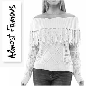 NEW Almost Famous Crave Fame Sweater Medium Ivory Cable Knit Fringe Off Shoulder